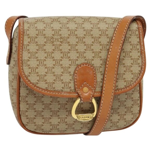 Authentic CELINE Macadam Canvas Shoulder Bag PVC Beige Gold